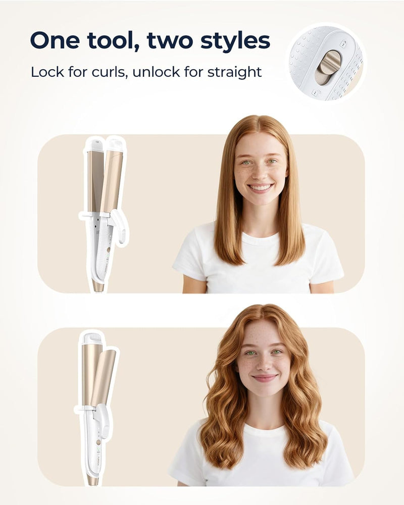 Dual-Voltage Curling Iron: 110V-240V 1 1/2 Inch Ceramic Wide Barrel 2-in-1 Curling Iron for Shoulder to Armpit Length Hair - Europe Travel for Soft Curls with Clamp