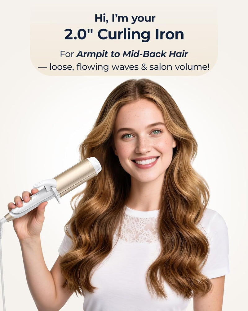Dual-Voltage Curling Iron: 110V-240V 2 Inch Ceramic Wide Barrel 2-in-1 Curling Iron for Armpit to Mid Back Length Hair - Europe Travel for Loose Waves with Clamp